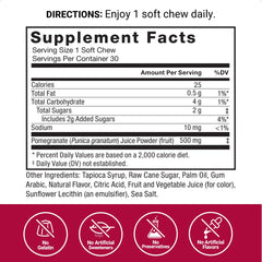 Force Factor Pomegranate Soft Chews ingredients panel emphasizes premium pomegranate powder