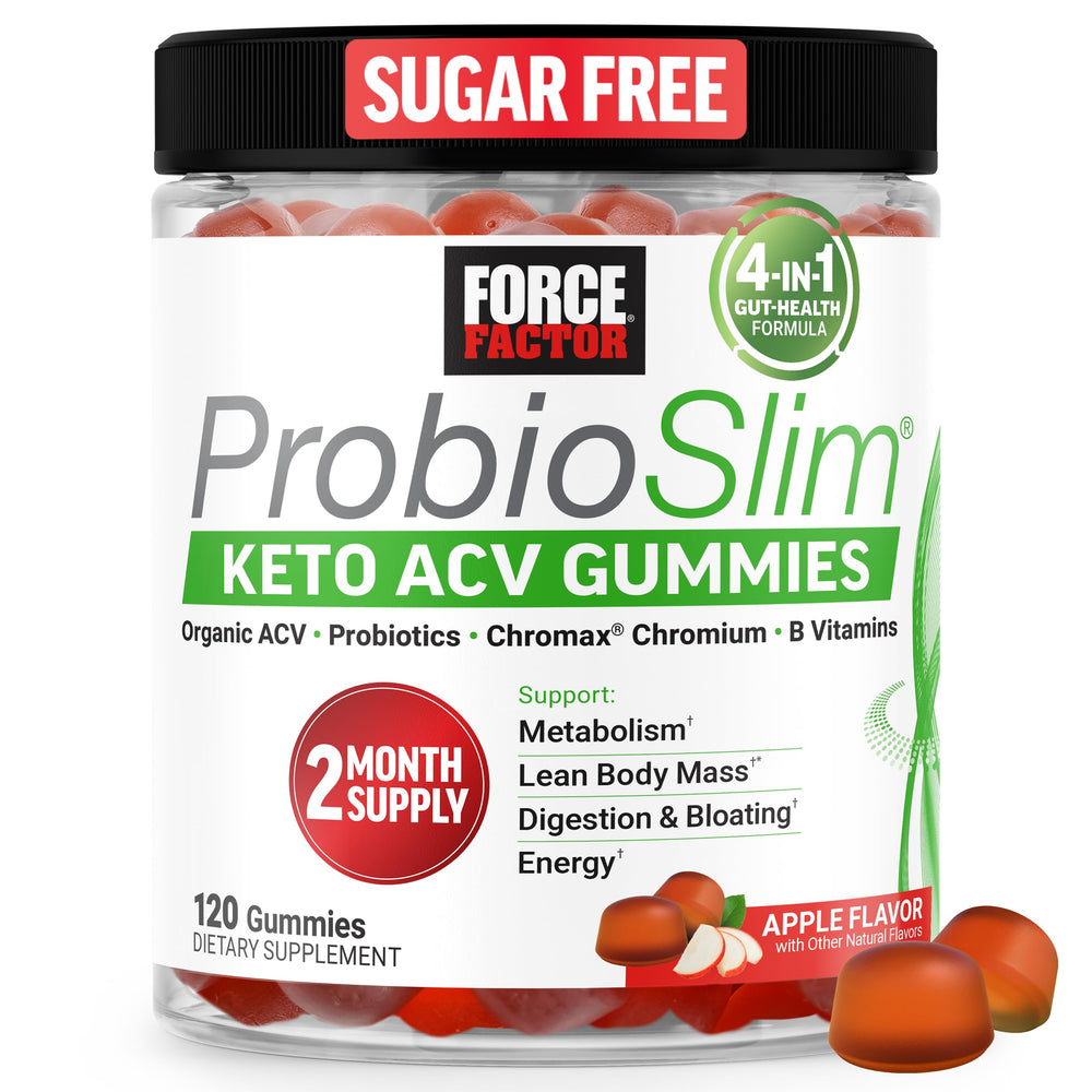 Force Factor ProbioSlim Keto ACV Gummies bottle front with apple-flavor gummies