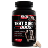 Force Factor Test X180 Boost bottle close-up highlighting energy support.