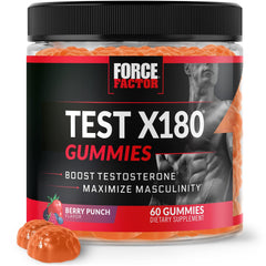 Force Factor Test X180 Gummies bottle on a counter for convenient daily use.