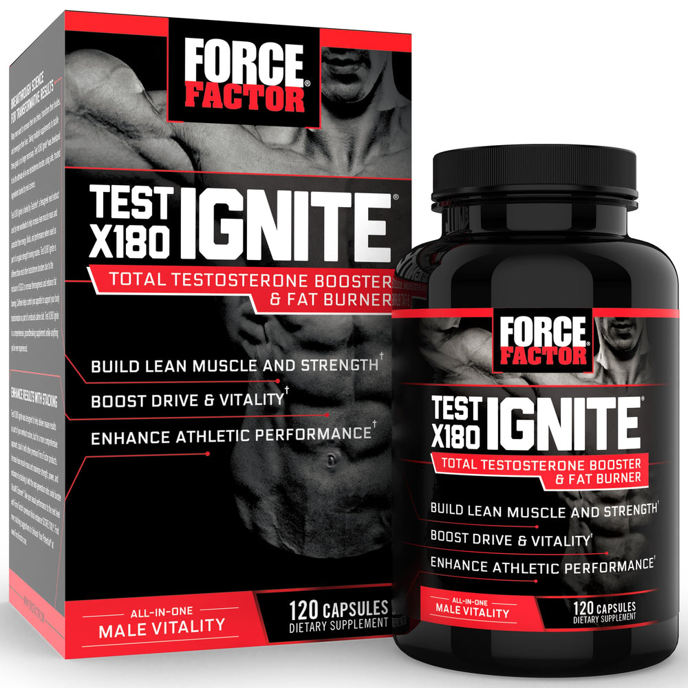 Force Factor Test X180 Ignite bottle on gym bench signaling lean muscle support