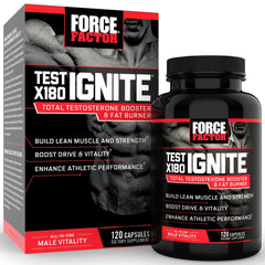 Force Factor Test X180 Ignite bottle on gym bench signaling lean muscle support