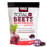 Force Factor Total Beets bottle pouring chews for heart-healthy daily use.
