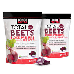 Force Factor Total Beets chews jar close-up highlighting a heart-supporting beetroot formula.