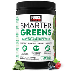 Force Factor Smarter Greens tub label highlights whole-food blend for daily wellness.
