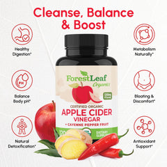 ForestLeaf ACV capsules label with cayenne and ginger highlighting organic ingredients