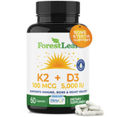 ForestLeaf D3+K2 MenaQ7 capsules for bone support and calcium use.