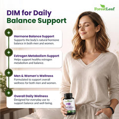 ForestLeaf DIM supplement bottle label highlighting vegan and non-GMO
