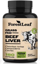 ForestLeaf grass-fed beef liver capsules label promotes convenience for daily wellness.
