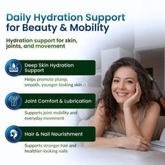 ForestLeaf hyaluronic acid capsules closeup suggests easy, daily intake for skin and joints.