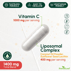 Close-up of ForestLeaf liposomal Vitamin C capsules showing high-potency formula