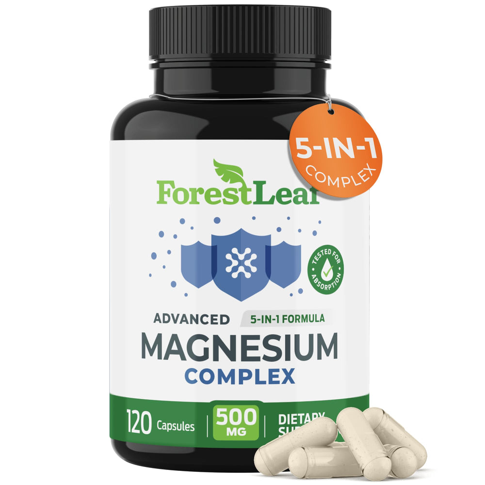 ForestLeaf Magnesium Complex capsules provide 500mg per serving for calm focus and better rest.