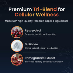 ForestLeaf NAD Resveratrol with D-Ribose and Pomegranate highlights wellness support.