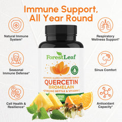 ForestLeaf Quercetin with Bromelain capsules close-up, easy-to-swallow veggie caps.