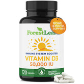 ForestLeaf Vitamin D3 50,000 IU bottle shows weekly dose layout for easy supplementation.