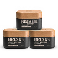 Forge Skin Wrinkle Defense Balm packshot highlighting the 3-pack for convenient daily hydration.