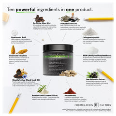 Formulation Factory Crown Glory pumpkin seed oil capsules for hair nourishment.