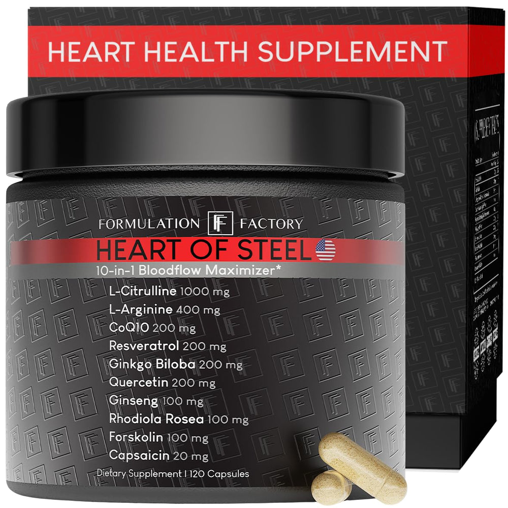 Formulation Factory Heart of Steel bottle front shows a sleek daily-use design for vascular support.