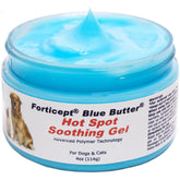 Forticept Blue Butter gel applied to a dog's hot spot for soothing relief.