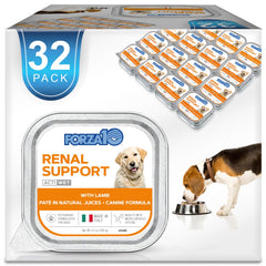 Forza10 kidney-support lamb wet dog food cans in a 32-pack for daily meals.