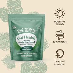 Four Sigmatic Gut Health powder in cup provides a flavorful focus boost.