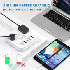 FOVAL compact travel adapter close-up highlights palm-sized portability.