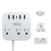 FOVAL travel adapter on a desk powering multiple devices at once.