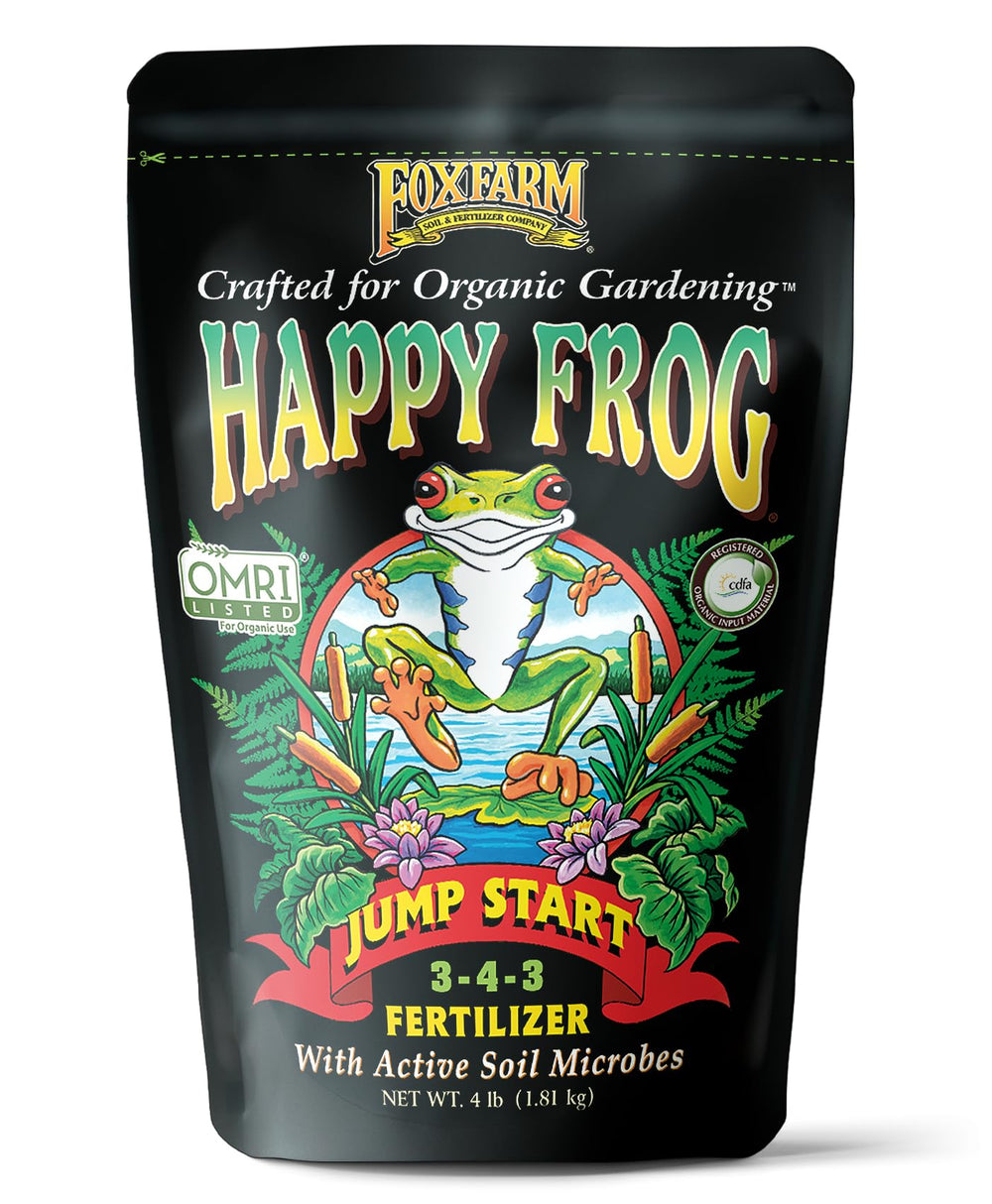 FoxFarm Happy Frog Jump Start bag showing nutrient-rich formula for transplanted seedlings