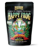 FoxFarm Happy Frog Jump Start bag showing nutrient-rich formula for transplanted seedlings