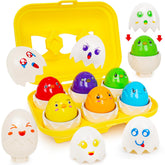 FQKIOMY egg toy base with eggs for sorting and fine motor practice.