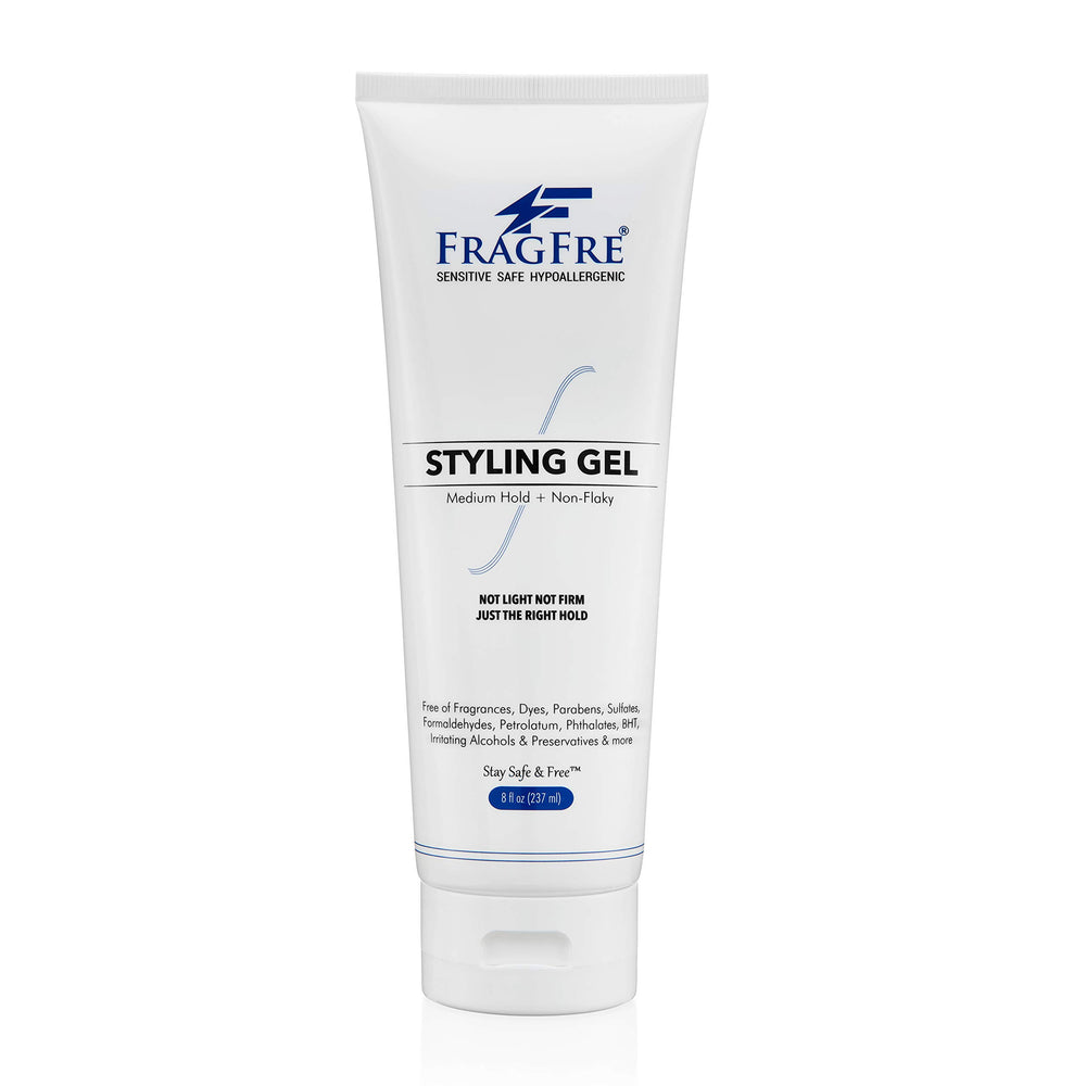 FRAGFRE fragrance-free styling gel bottle showing fragrance-free hold for all hair types