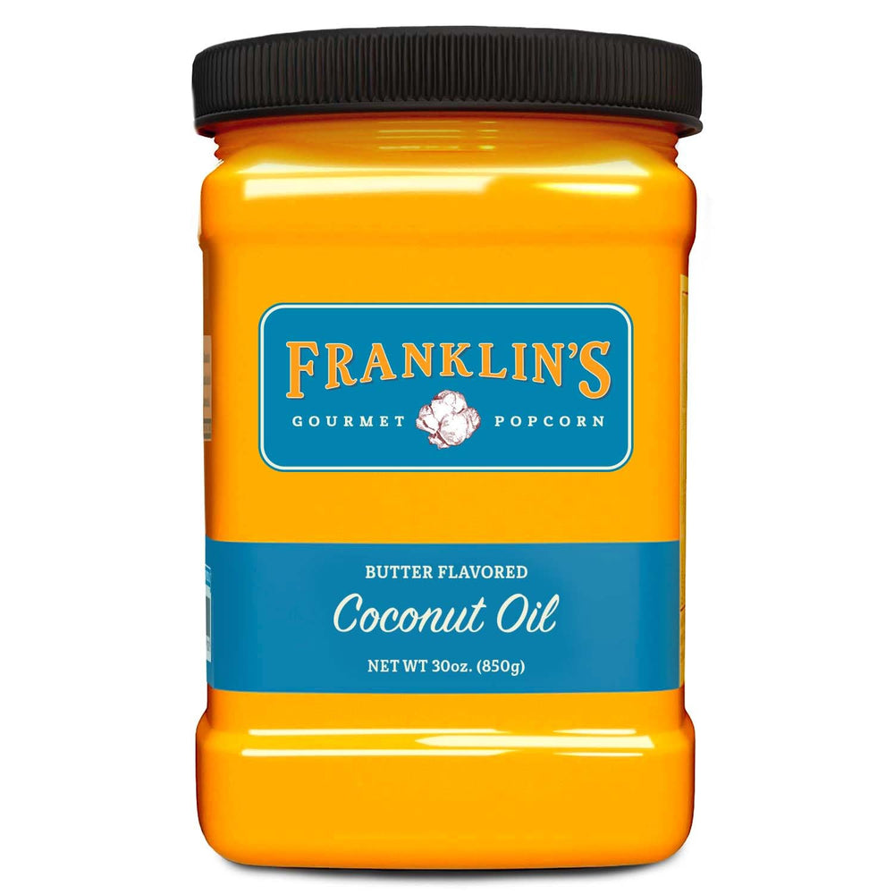 Franklin's Gourmet Popcorn Butter Flavored Coconut Oil bottle pour for movie-night popcorn.