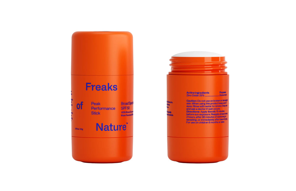 Freaks of Nature Peak Performance Sun Stick front packaging shows eco-friendly reef-safe design.