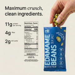 Fred's Farm Rel Snacks roasted edamame with sea salt in a 11g protein per serving context.