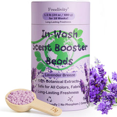 Freelivity In-Wash Scent Booster Beads packaging displays eco-friendly design and lavender fragrance.