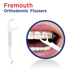 Fremouth flossers with thin control arm sliding between teeth and braces.