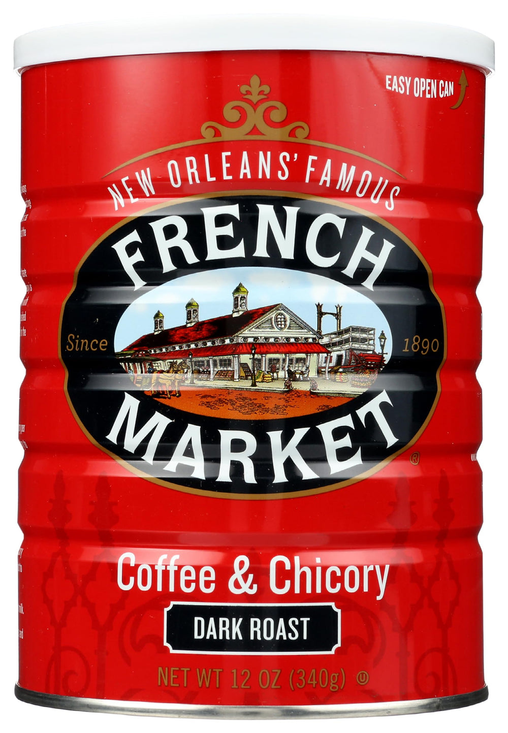 French Market Coffee & Chicory Dark Roast can label highlights bold New Orleans flavor.