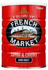 French Market Coffee & Chicory Dark Roast can label highlights bold New Orleans flavor.