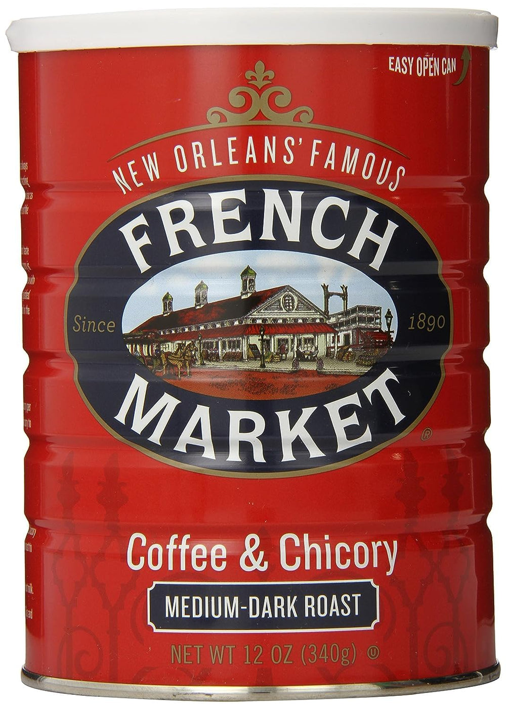 French Market Coffee & Chicory can front shows brand label and rich aroma.