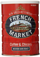 French Market Coffee & Chicory can front shows brand label and rich aroma.