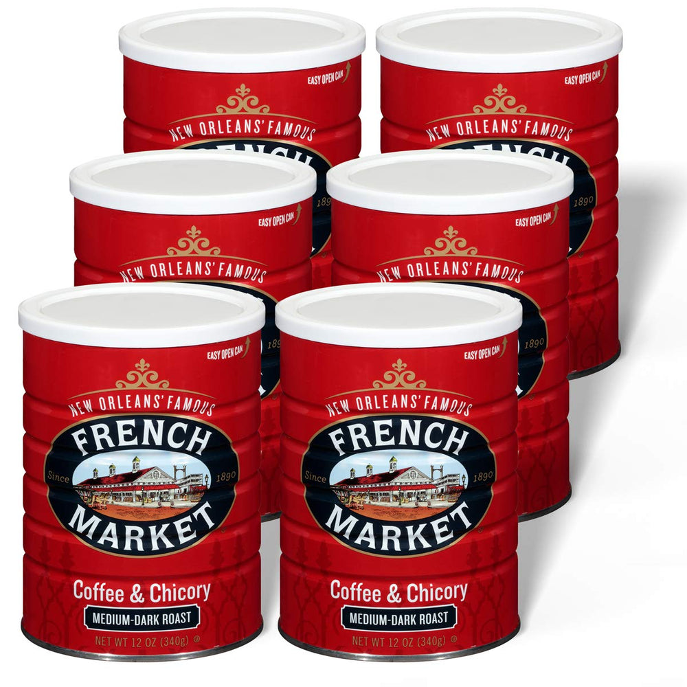 French Market six-pack of coffee and chicory cans for sharing.