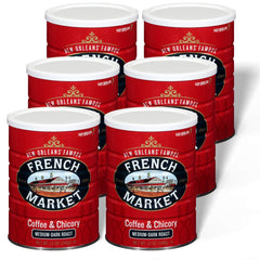 French Market six-pack of coffee and chicory cans for sharing.