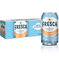 Fresca Peach Soda can closeup highlights crisp peach and grapefruit notes.