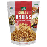 Fresh Gourmet Crispy Onions bag front showing resealable packaging for freshness