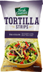 Fresh Gourmet Tri-Color Tortilla Strips pack add versatile crunch to meals