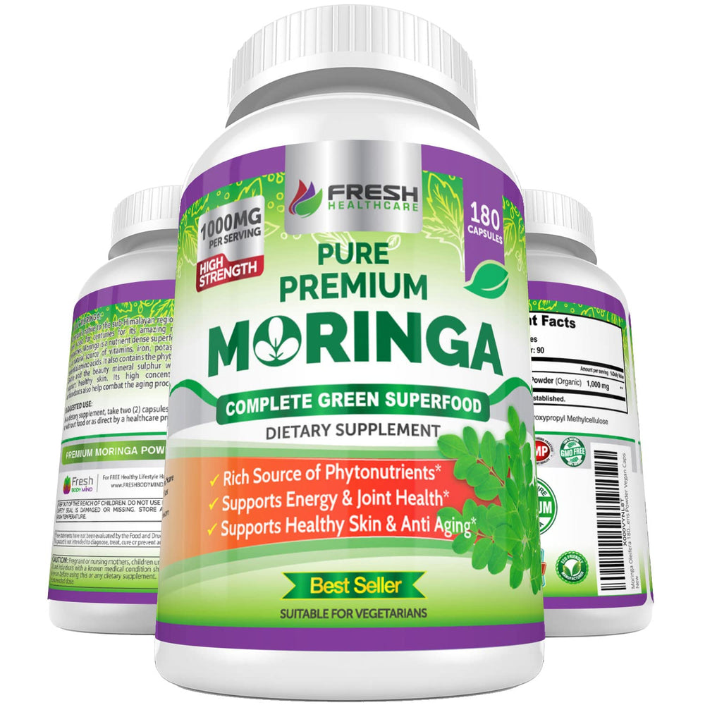 Fresh Healthcare Moringa capsules bottle front for daily energy and immune support.