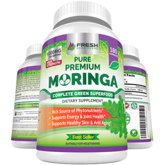 Fresh Healthcare Moringa capsules bottle front for daily energy and immune support.