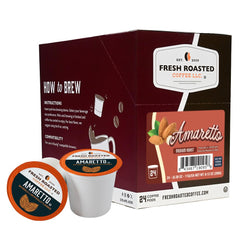 Fresh Roasted Coffee Amaretto pods box front shows flavor profile and single-serve convenience.