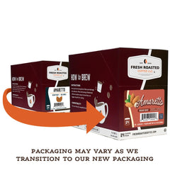 Fresh Roasted Coffee Amaretto pods closeup highlights rich aroma and almond note.