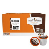 Fresh Roasted Coffee Colombian pods box showcasing organic, silky smooth flavor.